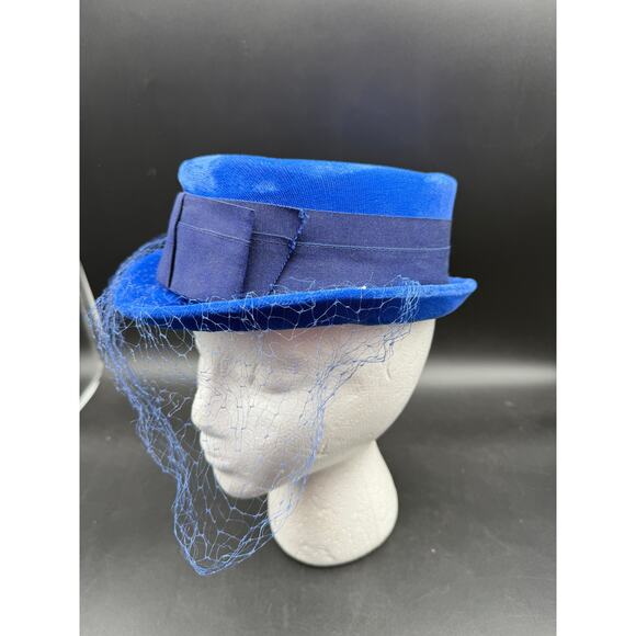 Original Caroline Vintage Hat Blue Velour with small Veil 1960's Pork Pie Style - Picture 2 of 5